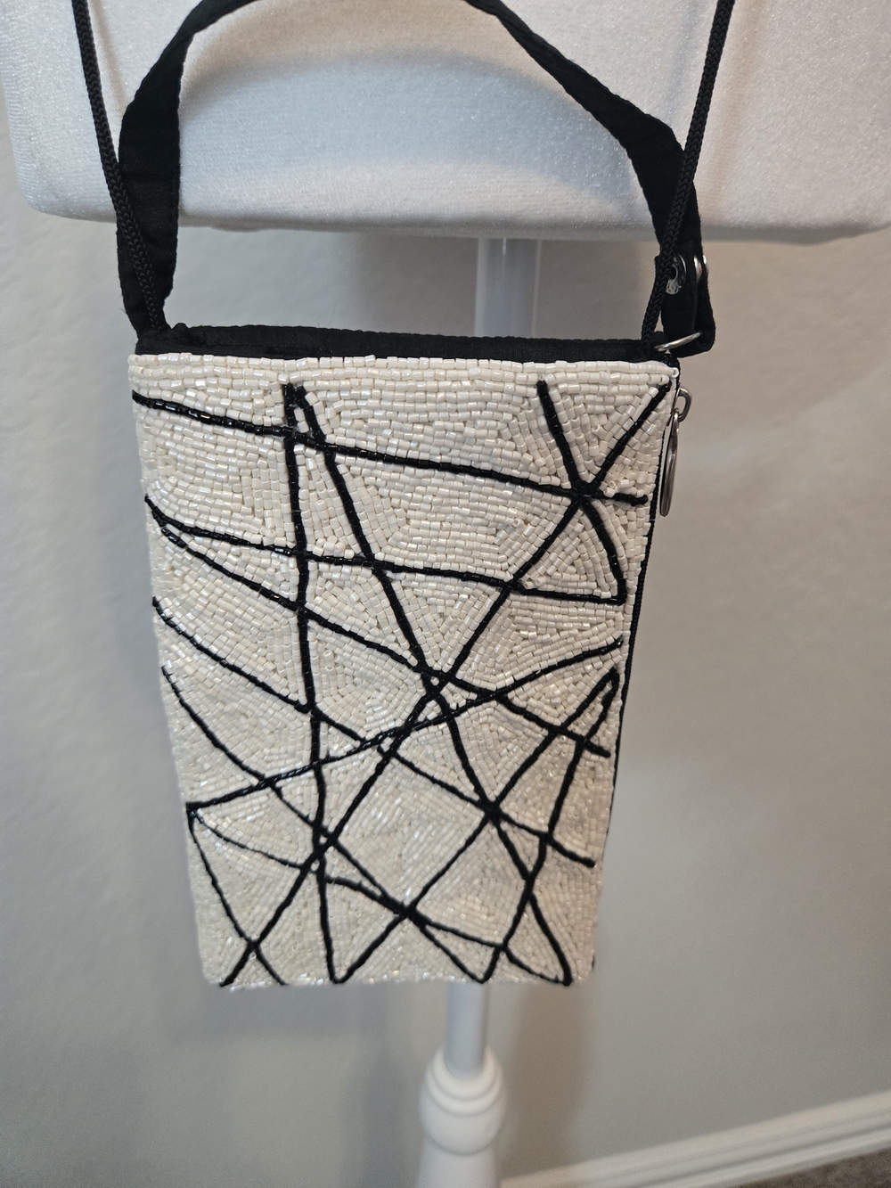 White Beaded Mini Crossbody with Black Abstract Lines